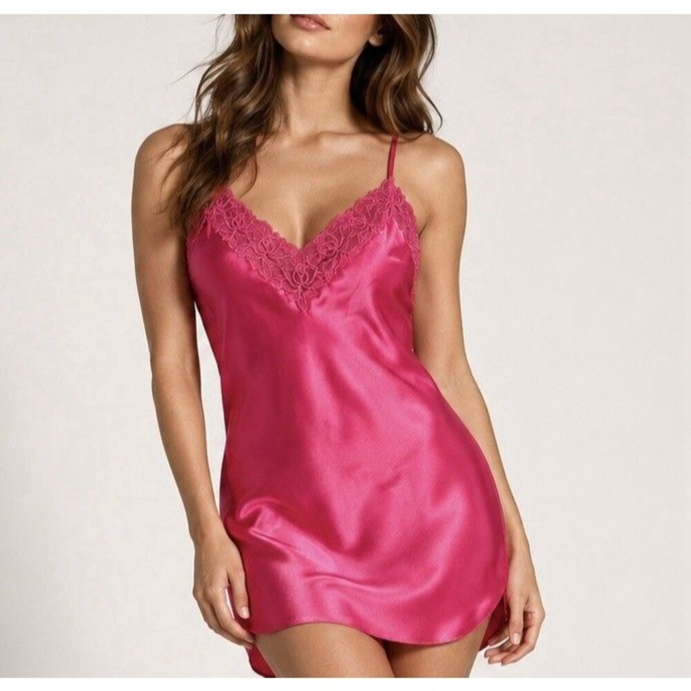 VTG 90s Victorias Secret Gold Label Pink Satin Lace Slip Dress Nightgown M Y2K